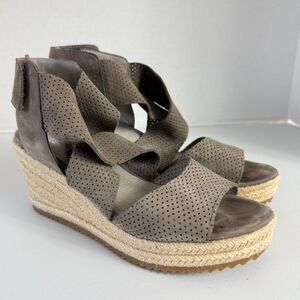 Eileen Fisher Willow Wedge Espadrille Sandals Shoes Gray Leather Women's 6.5